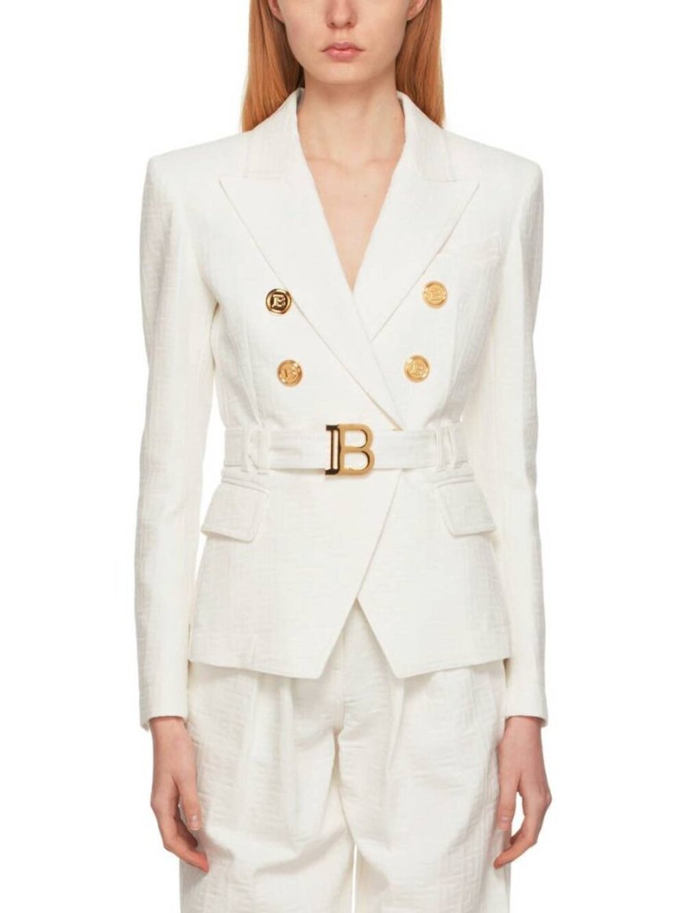 Balmain White Belted Monogram Denim Blazer